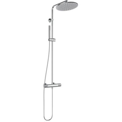 Komplet Ideal Standard Ceraplus Safe brusesystem i blank krom, viser termostat og justerbar håndbruserholder.