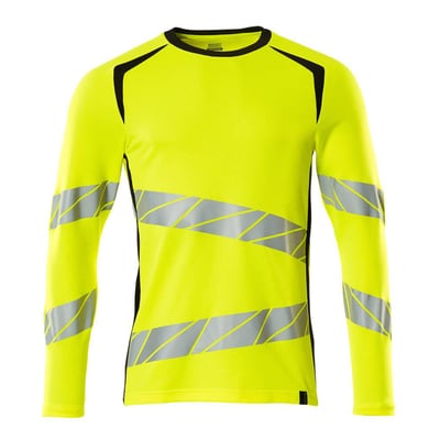 Mascot T-shirt 19081 langærmet i Hi-Vis gul og sort, str. XL, med reflekser og rund hals.