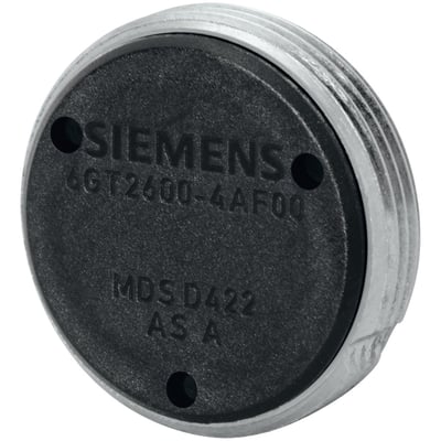 Siemens MDS D422 MOBY D skruge transponder i metal med M20 gevind og sort indlæg med Siemens logo, IP68, IPX9K.