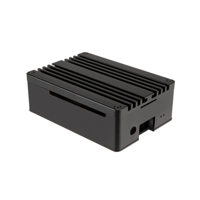 Akasa Pi-4 Pro aluminium kabinet i sort, designet til Raspberry Pi 4 Model B med integreret køleprofil.