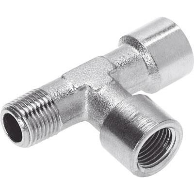 Festo T-forskruning NPFC-T-2G18-R18-FMF i messing med forniklet overflade, med udvendig gevind og to indvendige gevind.