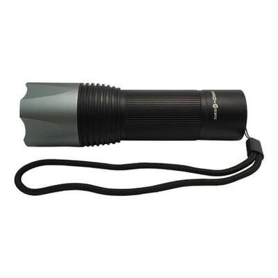 Kraftig lommelygte med 610 lumen og justerbart fokus, lavet af sort metal med grå spids og sort håndledsrem.