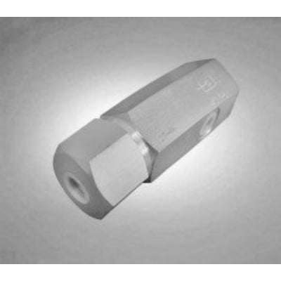 Pilotstyret kontraventil i 1/2" med 50L/min kapacitet og 350 bar tryk, viser et metalhus med sekskantede samlinger.