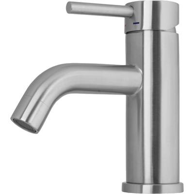 Nærbillede af Lavabo Primy Wave håndvaskarmaturet i børstet stål, med fokus på enkelt greb og udløb.