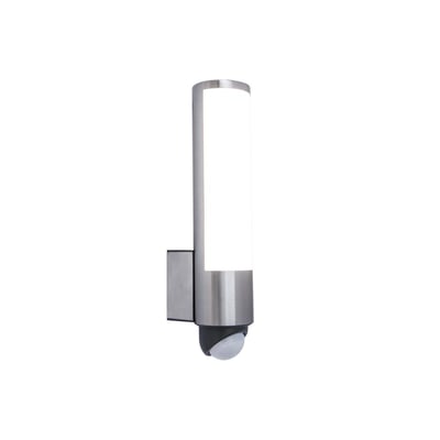 LEDA væglampe i rustfrit stål med integreret PIR bevægelsessensor, lyser med 1200 lumen og 3000 kelvin.