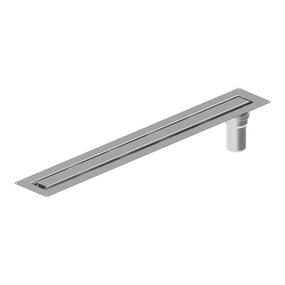 Blücher Atlantis afløbsrende i rustfrit stål, 800 mm lang med 50 mm lodret udløb, vist med en hvid baggrund.