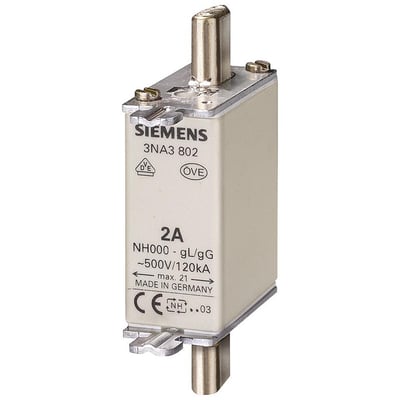 Siemens LV HRC sikring SENTRON 3NA3 802, NH000, 2A, 500V, gG med tydelig mærkning og metalgreb på hvid baggrund.