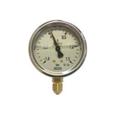 WIKA manometer til vakuummåling, glycerinfyldt, med en studs på Ø63mm og 1/4"RG.NED tilslutning, viser et trykområde på -1,0 til +1,5 bar.