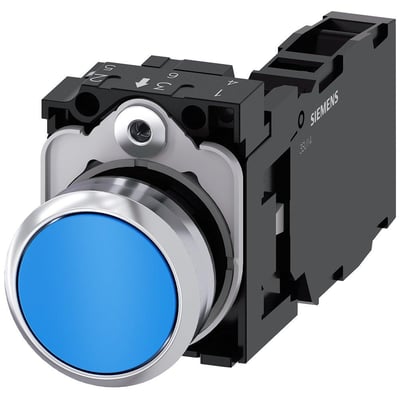 Siemens 22mm rund trykknap i metal med skinnende blå knap og 1NO+1NC skrueklemme, vist fra siden.