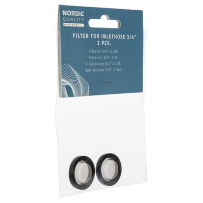 Nordic Quality filtersi med 3/4" gevind, 2 stk. i sort emballage vist fra forsiden.