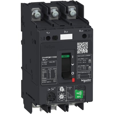 Schneider Electric TeSys GV4PEM115S6 motorværn med 115A mærkestrøm, 50kA brydeevne, og termomagnetisk beskyttelse monteret på DIN-skinne.