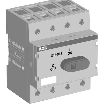 3D-rendering af ABB installationsafbryder OT80M3, vist med drejegreb i ON-position og klar indikation af OFF og ON.