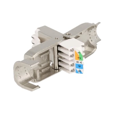 Delock RJ45 stik, Cat.6A, STP, grå, vist fra siden med den værktøjsfri terminering synlig og farvekodede terminaler.