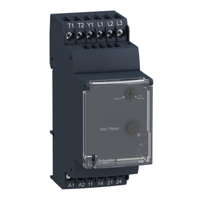 Schneider Electric Zelio RM35-T motorkontrolrelæ med test/reset-knap og skrueterminaler. Det mørkegrå apparat har et transparent dæksel med tydelige markeringer.