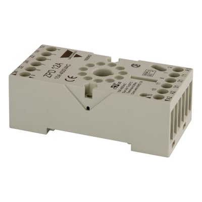 Carlo Gavazzi ZPD12A 11-polet sokkel til DIN-skinne set skråt ovenfra med terminalåbninger og mærkninger.