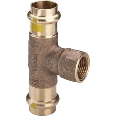 Viega Profipress G T-stykke i messing med dimensionerne 35 x 1/2" x 35 mm, designet til olie- og gasinstallationer.