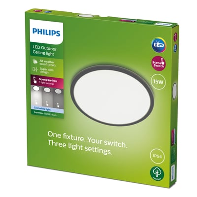 Philips LED Outdoor Ceiling light Superslim CL550 i sort emballage med IP54-klassificering og Sceneswitch-funktion.