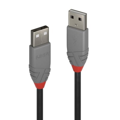 Sort USB 2.0 kabel Type A-A fra Lindy, 0,5 meter med grå stik og rød detalje.