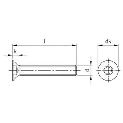 Teknisk tegning af M5X20 ISO 10642 A4 undersænket TX skrue med mål som l, k, d og dk samt fuldt gevind.