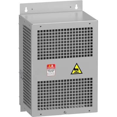 Schneider Electric sinusfilter 25A IP20 til ATV600/900, grå metalhus med ventilationsriste og advarselsskilte.