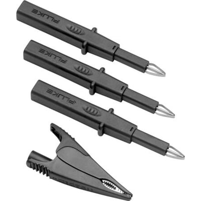 Fluke TLK290 testprobesæt med tre fleksible sorte prober og et stort krokodillenæb på hvid baggrund.