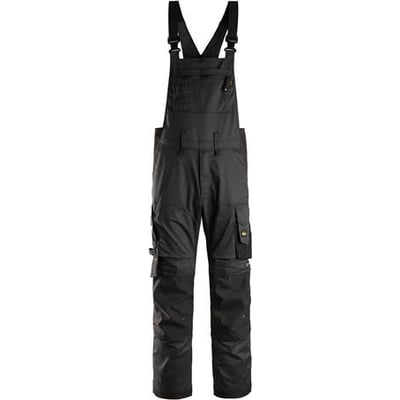 Fuldt billede af Snickers Workwear AllroundWork overall 6051 i sort, str. 46, vist frontalt med alle funktionelle detaljer fremhævet.