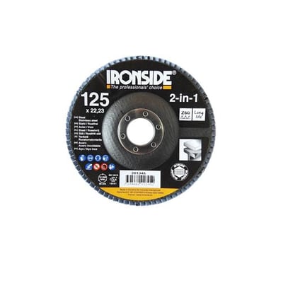 Ironside 2-in-1 konisk lamelrondel set forfra med sort slibeflade, centerhul og mærkning med 125 mm og K60.
