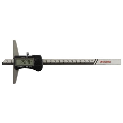 Diesella digitalt dybdemål 0-200 mm med sort hus og LCD-display viser 25.00 mm, 100 mm bro og DIN 862 mærkning.