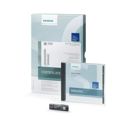 Siemens SIMATIC ProDiag til WinCC V14 licenspakke med USB-nøgle, software-DVD og certifikat på en hvid baggrund.