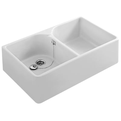 Villeroy & Boch 6332 O.Novo/Pro hvid dobbelt rengøringsvask på 90 cm, set skråt med begge kummer og afløb synlige.