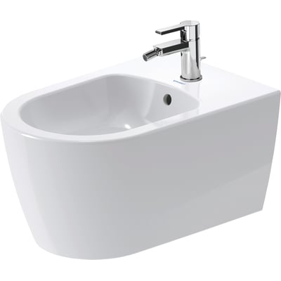 Hvidt Duravit ME by Starck væghængt bidét med DuraShield, afrundet kumme, overløb og hanehul.