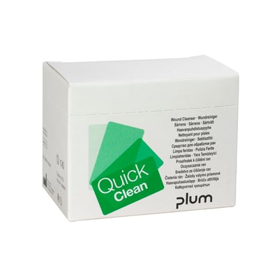 Hvid æske med Quick Clean sårrenseservietter, med grønne grafiske elementer og produktnavn på flere sprog.