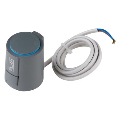 Roth termomotor i grå plast, 230V NC med 1m kabel tilslutning og Roth logo.