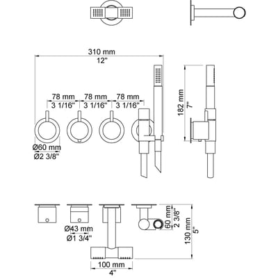 Teknisk tegning af Vola 5471R-081D-16 termostat indbygningssystem med dimensioner og komponentdetaljer.