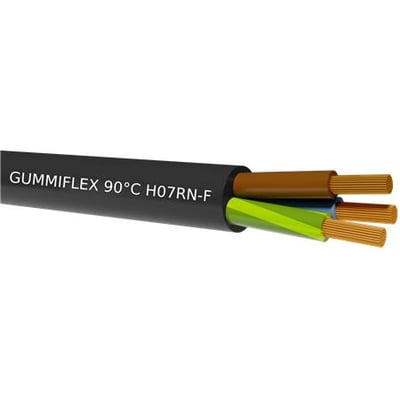 GUMMIFLEX TR500 H07RN-F 3G2,5 gummikabel med sort yderkappe og tre synlige ledere i brun, blå og grøn-gul.