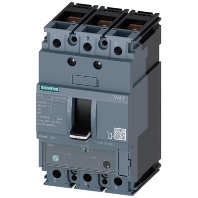 Siemens SENTRON 3VA1 maksimalafbryder, 3-polet, 160A, med en brydeevne på 25kA ved 415V, fremstillet af gråt plast.