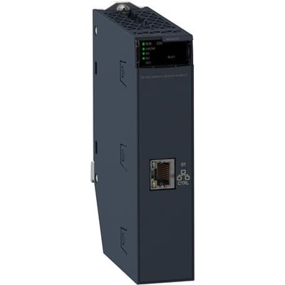 Schneider Electric X80 OPC UA modul BMENUA0100 til M580 PLC med RJ45 port og LED-indikatorer på siden.