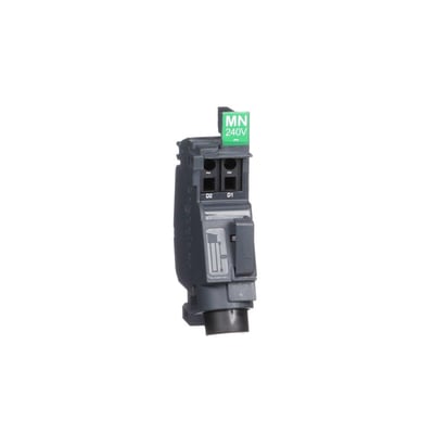 Schneider Electric spole MN 208-240V til NSXm og PP-B afbrydere. Spolen har et grønt mærke med MN 240V og terminalerne D1 og D2.