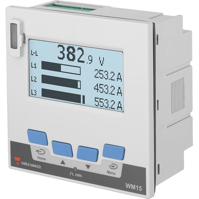 Carlo Gavazzi WM15 effektanalysator til 3-faset måling, set forfra med LCD-display, søjlediagrammer og blå betjeningsknapper.