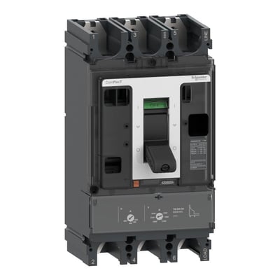 Nærbillede af Schneider Electric ComPacT NSX 250F DC 3-polet maksimalafbryder, viser mærkat med tekniske data og justeringsmuligheder for strøm.