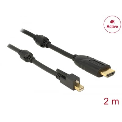 DeLock Mini DisplayPort 1.2 til HDMI 2m kabel, sort, med skrue. Viser både Mini DP og HDMI stik med 4K Active logo.