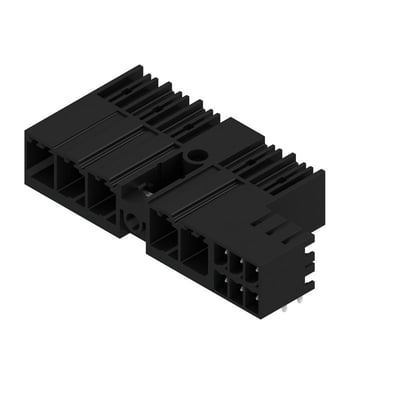 Sort Weidmüller-hybridconnector til printplade med fem poler, 7,62 mm afstand og 90° udgang, set skråt fra oven.