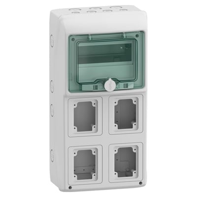 Schneider Electric Kaedra IP65 kapsling med plads til 12 moduler, vist med fire monteringsåbninger i bunden.