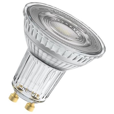 LED PAR16 pære med GU10 fatning, 2,4W og 230 lumen, der erstatter 35W og er dæmpbar.