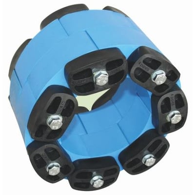 Lauridsen kædetætning i blå plast og rustfrit stål, designet til 160 mm rør og 198-205 mm borehul.