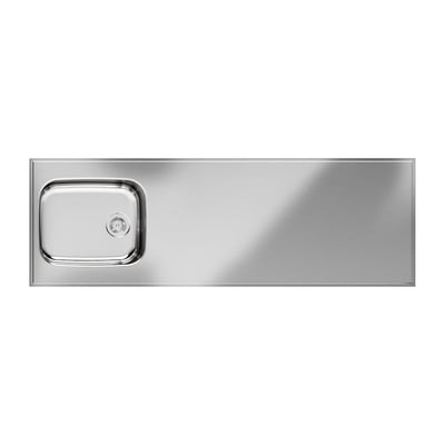 Purus køkkenbord i rustfrit stål med integreret vask på 1800x600 mm. Vasken måler 500x400x200 mm og har synlig bundventil.