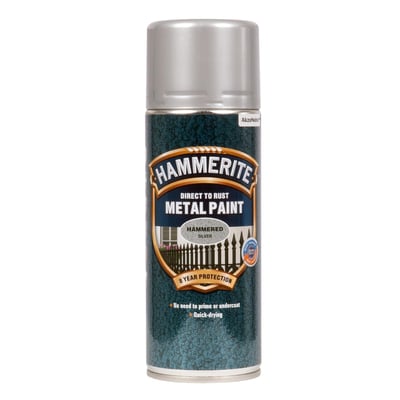 Hammerite Direct to Rust Metal Paint i sølv, Hammered finish, 400 ml med 8 års beskyttelse og hurtigtørrende formulering.
