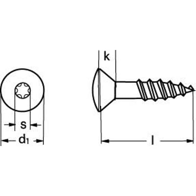 Skrueskitse med dimensioner viser linsehovedet med TORX10 kærv og delgevind for 3,0X35 A2 spånpladeskrue.