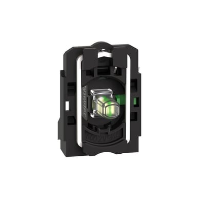 Schneider Electric Uni LED lampetrykskrop med 1XNO kontakt, 120V, vist forfra med tydelig LED og indgraveret produktnummer.