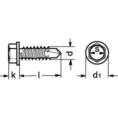 Teknisk tegning af 4,8x38 DIN 7504-K A2 pladeskrue med 6-kant hoved og borespids, viser dimensioner.